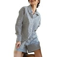 thumbnail image 3 of Biekopu Women's Summer 2PCS Loungewear Set,Stripe Print Long Sleeve Front Button Shirt Tops + Elastic Waist Shorts, 3 of 10