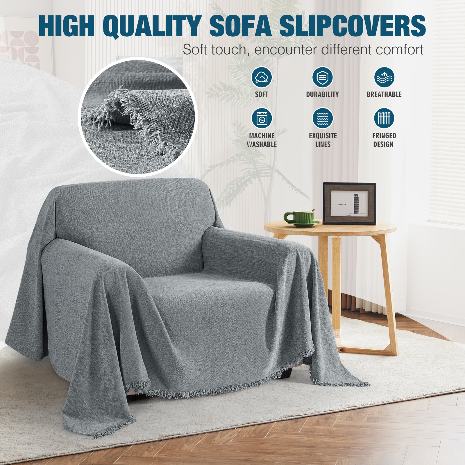 Timeles Couch Covers Washable Sofa Slipcovers with Tassels Sofa Blanket Soft Armchair Cover Durable Furniture Protector for Kids Pets (71" x 71", Grey)