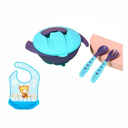 

OUSITAID Green Baby Suction Plates Bowl 2 Spoon Set Nonslip Spill Proof BPA-Free Feeding Baby Bowl with Lid Self Feeding Training Storage Plate Cutlery Travel Set with Blue Baby Bib