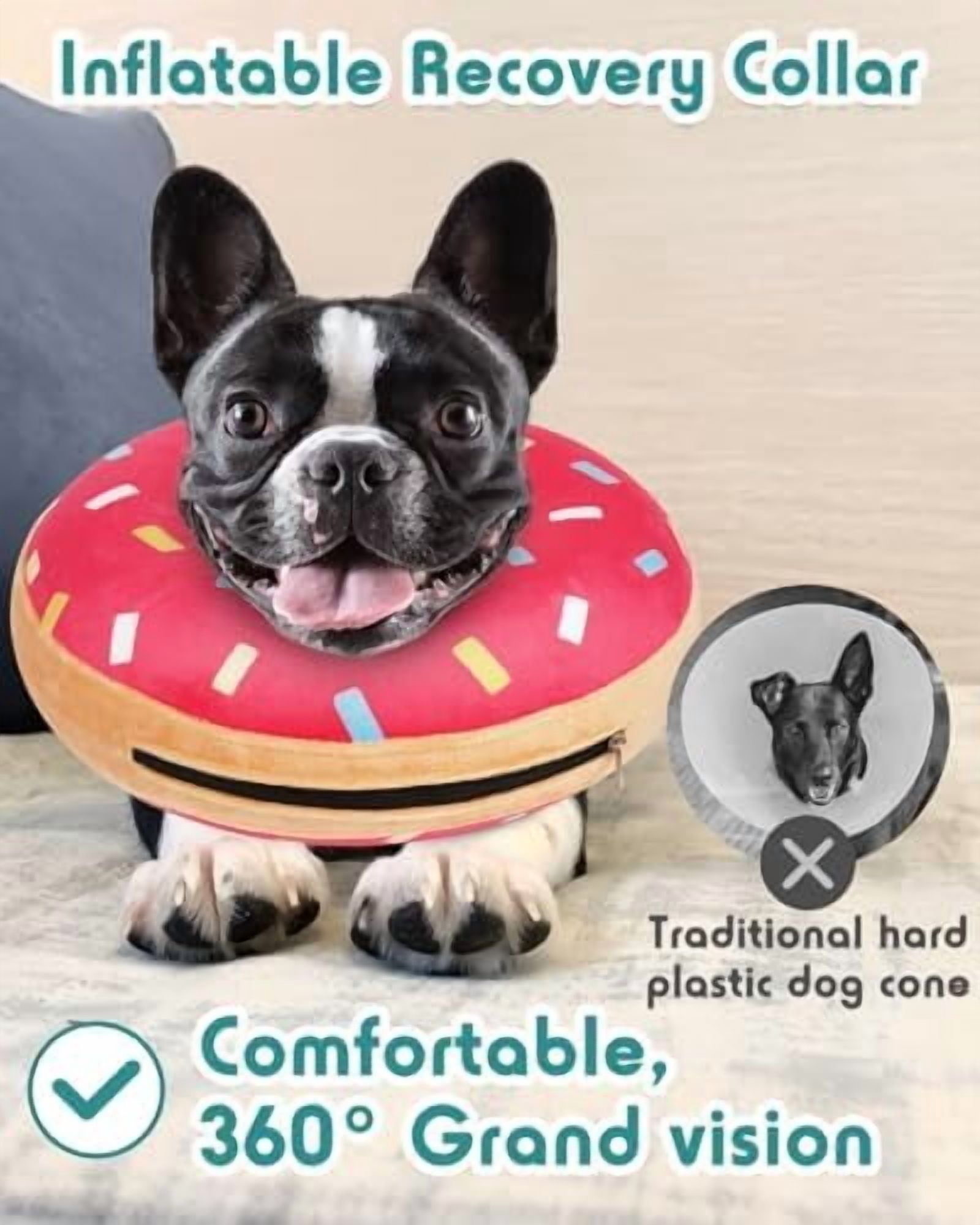 Inflatable Dog Pillow Cone Collar After Surgery, Donut Soft Neck Cone for Beagle French Bulldog Medium Plus Dogs, etc, Recovery E Collar to Stop Pink Donut