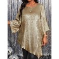 thumbnail image 3 of Women'S 2025 Plus Size Loose Round Neck Nine-Point Sleeve Irregular Hem Tops Gold 5XL, 3 of 6