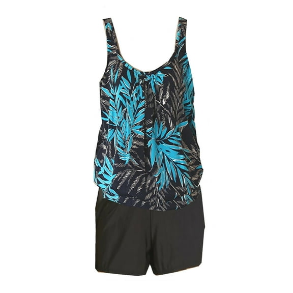 Penbrooke Palm Glitz 2-Piece Shirred Blouson Shortini Swimsuit Turquoise/Aqua Size 10