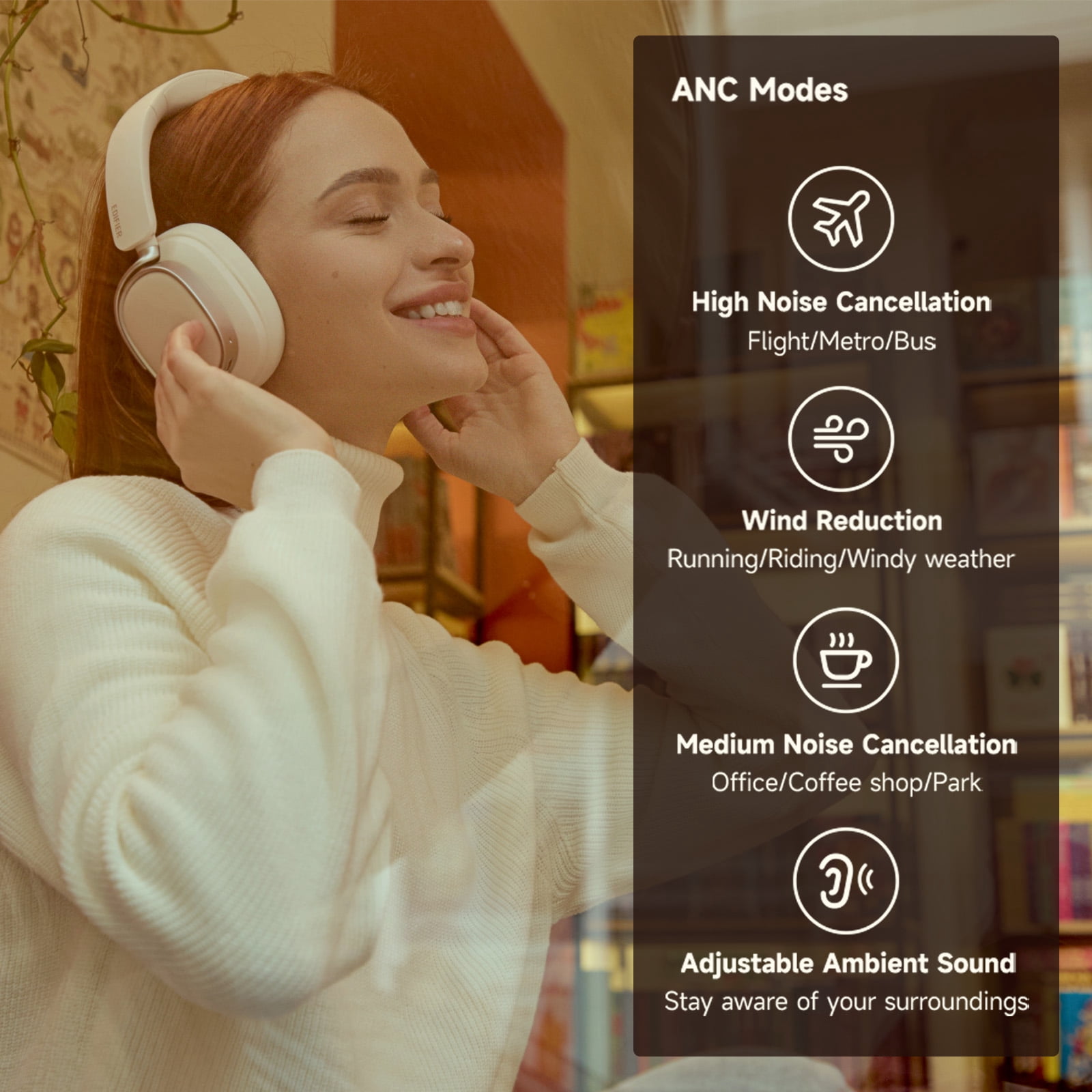 Edifier Bluetooth Active Noise Cancelling Headphones, 92H Playtime Hi-Res Audio Certified, Fast Charging - Ivory