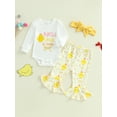 thumbnail image 4 of Qmyliery Baby Girls Spring Clothes Long Sleeve Letter Print Romper with Chick Pattern Flare Pants and Headband 1 3 6 12 Months, 4 of 10