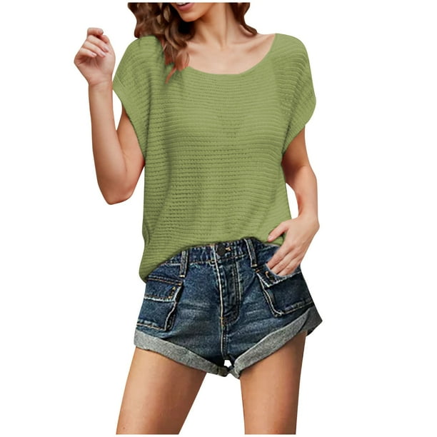 Fiudx Camisas para Mujer Top de Mujer de Manga Corta Holgado de Punto de Color Sólido con Cuello Redondo a La Moda Nueva de Verano