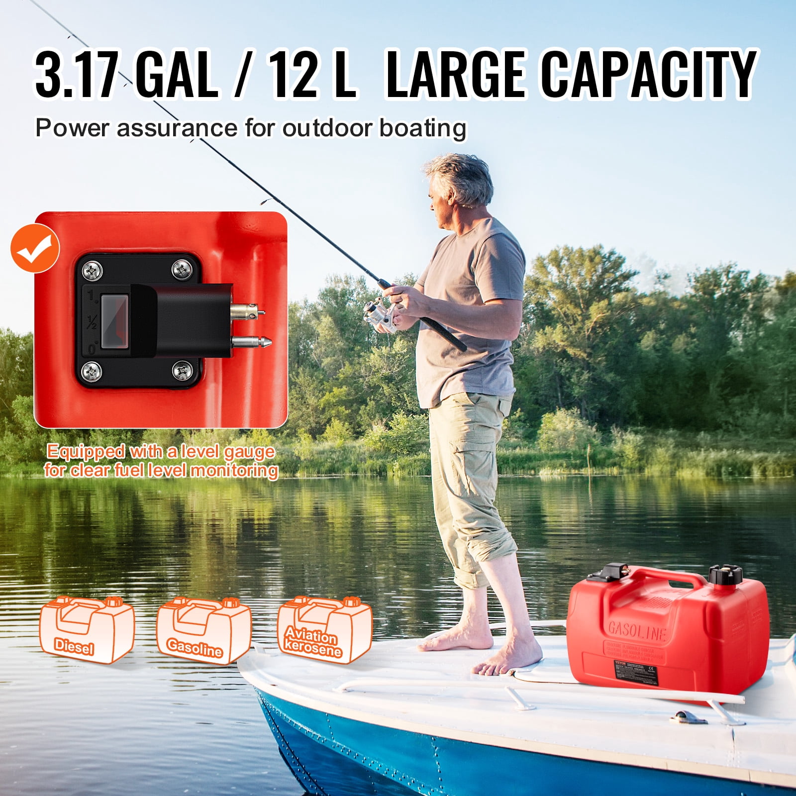 VEVOR Boat Fuel Tank, 3.17-Gallon/12-L Marine Outboard Transfer Tank, Transfer Tank with 9.8ft Hose, Gauge for Outboard Engine, Yacht, Fishing Boat, Deck, Red