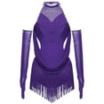 thumbnail image 3 of iixpin Girls Sleeveless Mesh Drapes Tassels Bodysuit for Samba Rumba Latin Rhinestones Dance Dress with Gloves Purple 8, 3 of 6
