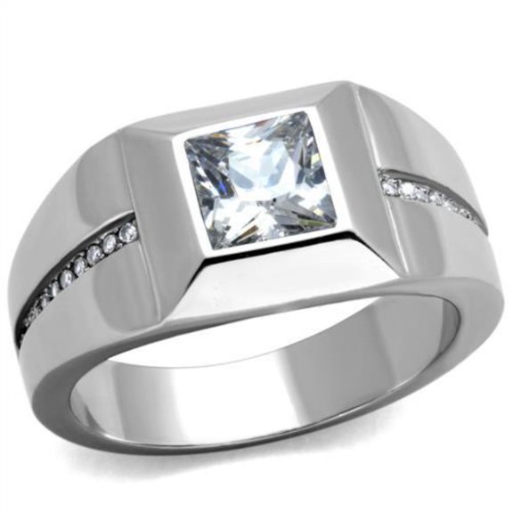 Men's High Polished Stainless Steel Ring with Square Cubic Zirconia - Size 10 (Pack of 2)