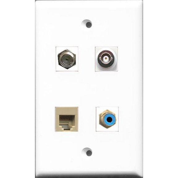 RiteAV 1 Port RCA Blue and 1 Port Coax Cable TV- F-Type and 1 Port Phone RJ11 RJ12 Beige and 1 Port BNC Wall Plate