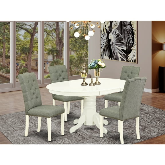 Homestock Medieval Moods 5 Piece Dining Set Included A Butterfly Leaf Oval Wood Dining Table & 4 Fabric Kitchen Chairs, Smoke Linen Fabric Parsons Chairs Seat With Rubber Wood Legs, Linen White Finish
