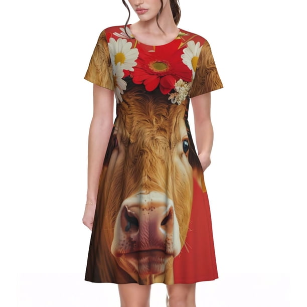 Disketp White And Red Daisy Cow para Vestido de Manga Corta para Mujeres, Vestidos de Verano para Mujeres, Casual y Holgado para la Playa