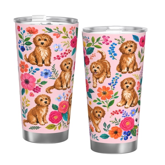 20oz Floral Doodle Dog Insulated Tumbler with Handle and Straw Cute Puppy Travel Cup Gift for Dog Lovers with Single Silver Rim