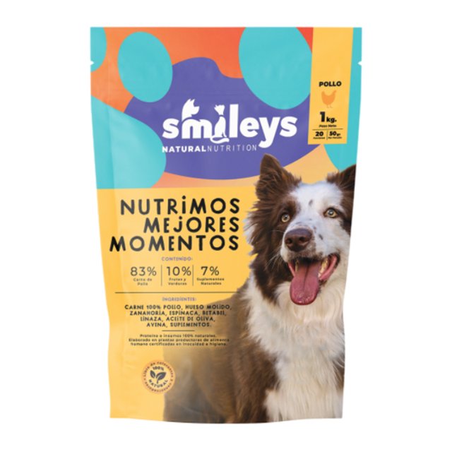 Alimento congelado para perro Smileys Pollo 1 kg en empaque amarillo y azul con diseño colorido, dieta natural rica en proteínas animales, frutas, verduras y suplementos naturales, que favorece hidratación, pelaje, masa muscular y salud ósea para una nutrición completa y balanceada.