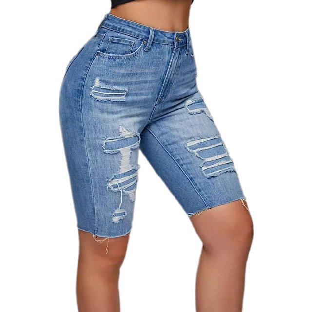 Bermudas de mezclilla para mujer, informales, de verano, con dobladillo sin rematar, azul medio, XXL