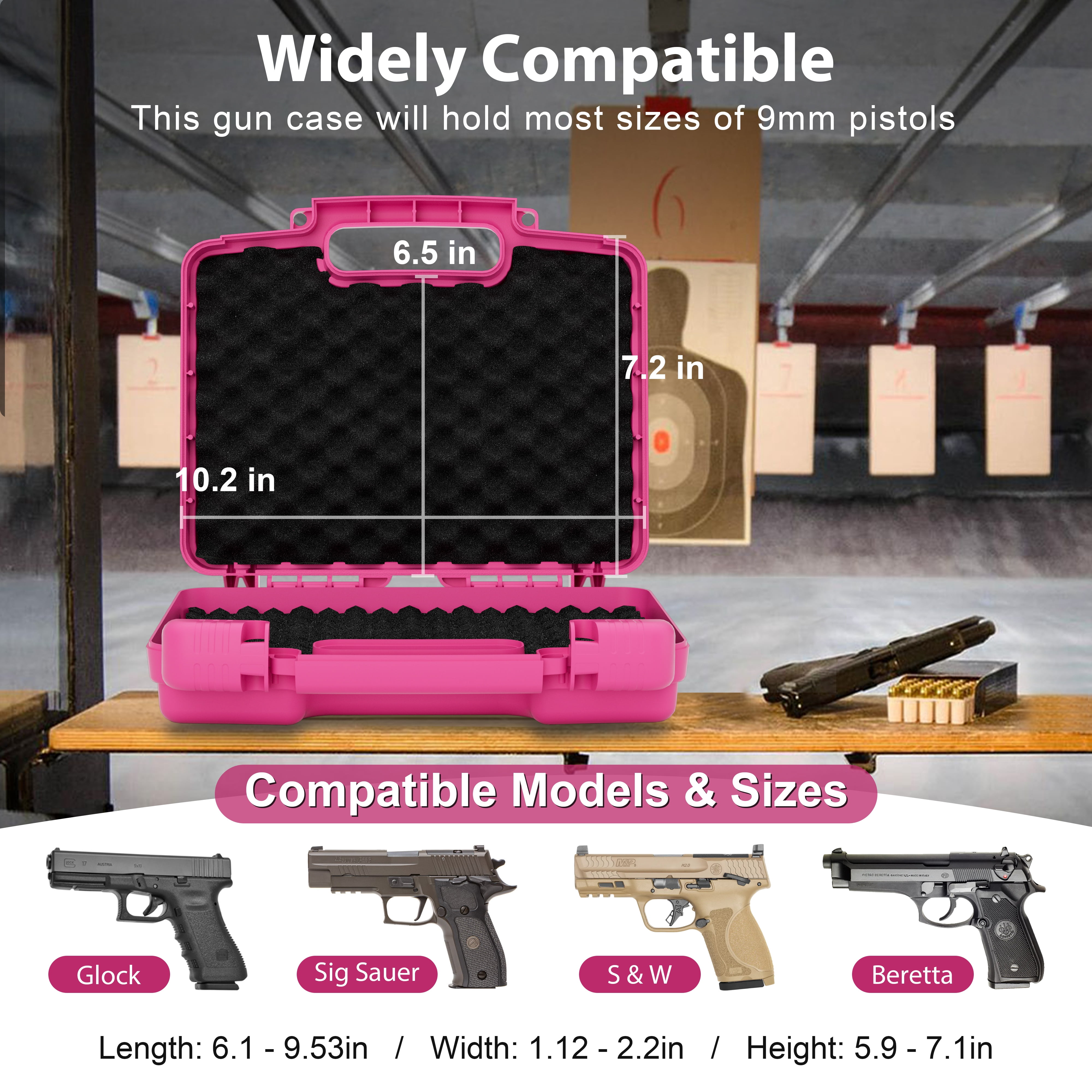 Pink 9mm Lockable Gun Case – TSA Approved Firearm Travel Case with 1 TSA Lock, Hard Shell Pistol Case for Handgun and Revolver