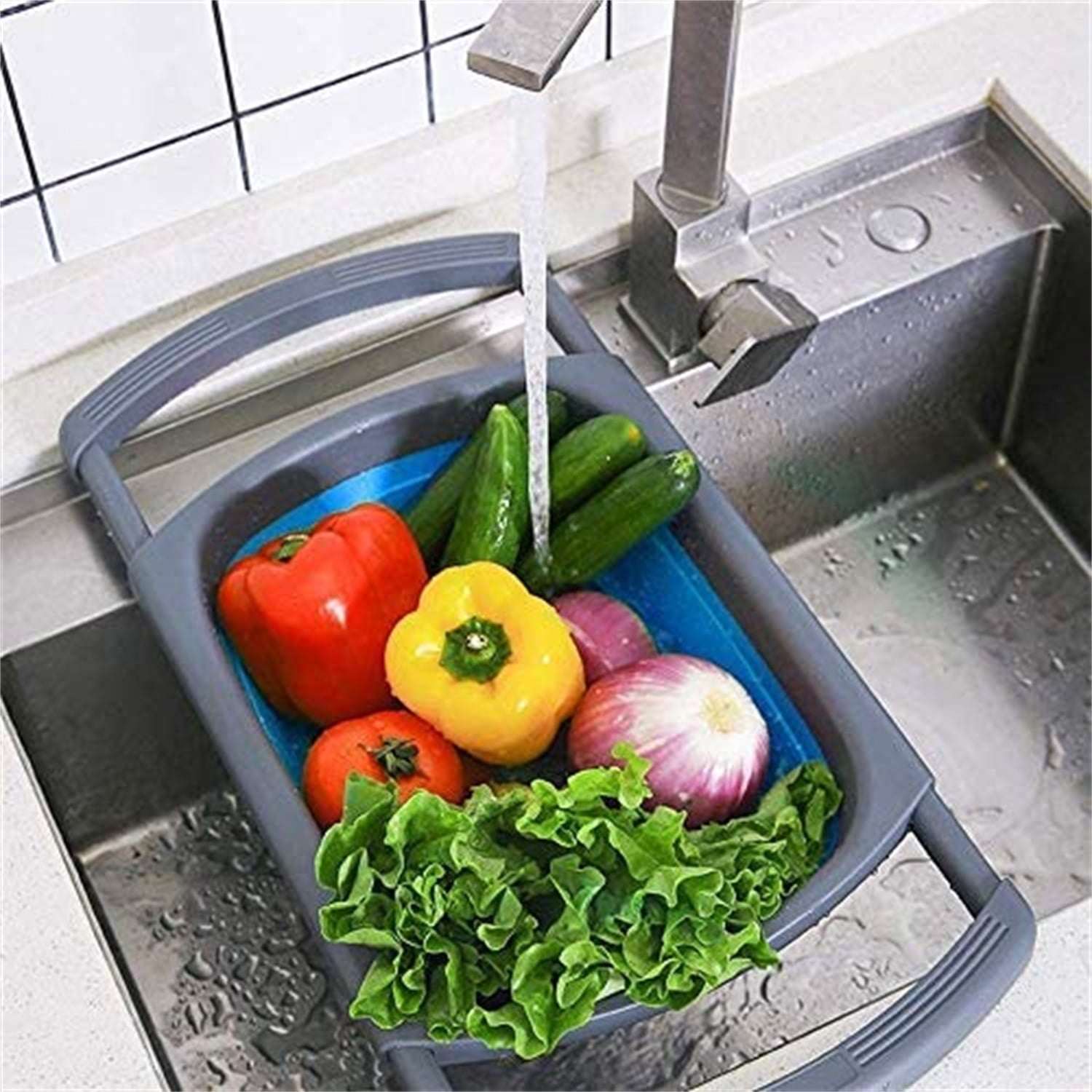 Kepooman Kitchen Over The Sink Collapsible Colander Strainer with Extendable Handles for Vegetable Fruit, Blue Kepooman Kitchen Over The Sink Collapsible Colander Strainer with Extendable Handles for Vegetable Fruit, Blue