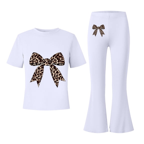 EnJoCho Girls Cute 2 Piece Outfits Teens Bow Graphic Sweatsuit Kids Summer Tracksui𝗍 Casual Short Sleeve Tops Flare Pants Set Girls Shorts Sleeve Tops Pants Set