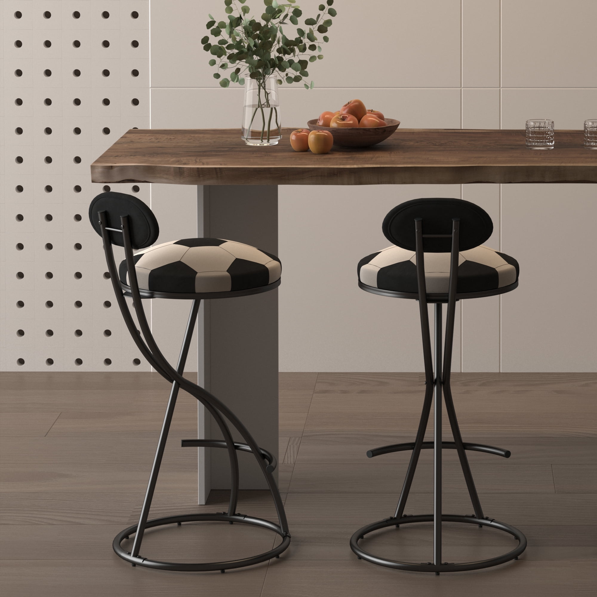 S Shaped Football Print Bar Stools Set of 2 Velvet Upholstered Seat with Metal Frame Themed Counter Stools for Game Room Kitchen