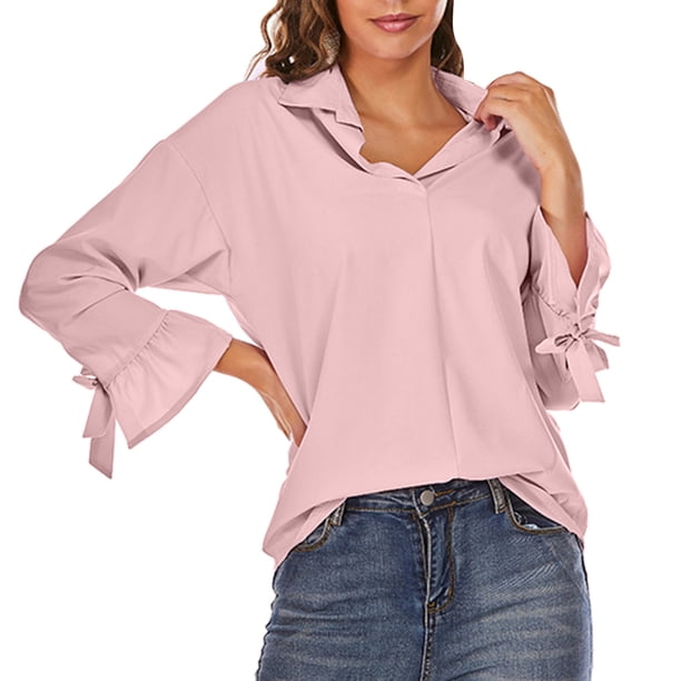 Moda mujer Casual sólido manga larga suelta camiseta otoño Pullver blusa Turndown Collar Tops Pompotops FGAJ20755