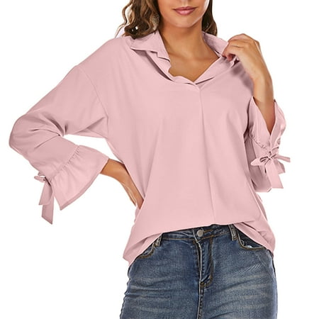 

Bospose Long Sleeve Crop Top Corset Top Pink Top Fashion Women Casual Solid Loose T-Shirt Autumn Pullver Blouse Turndown Collar Tops Lady Solid Color Lapel Flared Top Collar Top Shirt Lapel Top Shirt