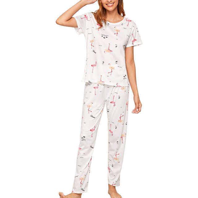 Conjunto De Pijamas Top De Manga Corta Patrón De Impresión Elegante Ropa De Dormir De Cuello Redondo Suelta Transpirable con Pantalones Largos Pájaro Blanco M