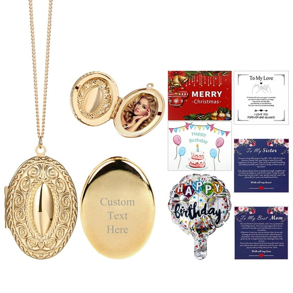 Avaner Vintage Engraved Flower Empaistic Photo Locket Hold Picture Oval Round Pendant Necklace Antique Carved Pattern Souvenir Memorial Clavicle Jewelry for Women