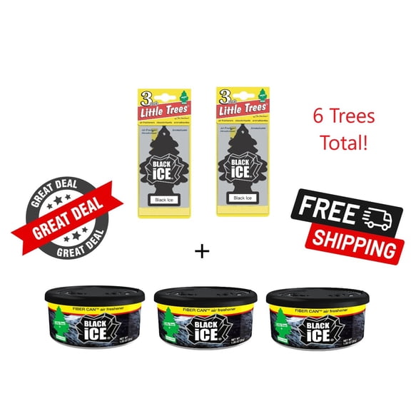 Little Trees Black Ice Scent Bundle - Includes 6 Air Fresheners & 3 Fiber Cans