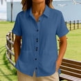 thumbnail image 3 of Women's Cotton Linen Button Down Shirt Collared Short Sleeve Blouse Casual Office Work Shirt for Daily Leisure Wear,XL,Blue, 3 of 6