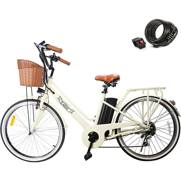 Nakto 26in CLASSIC Traditional White City Electric Bicycle/Bike for Men & Women 350w Motor 36V 10Ah Lithium-Ion Long Lasting Battery