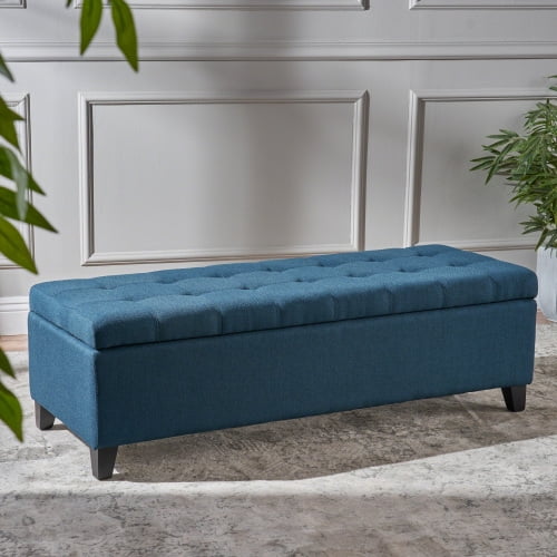 51" Storage Ottoman Bench with Flip-Top Lid, Upholstered Entryway Bench for End of Bed, Foot Rest with Rubberwood Legs, Navy Blue