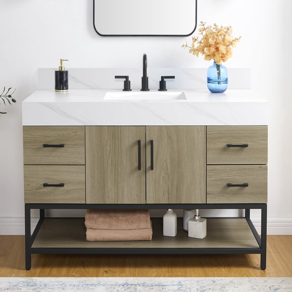 Utopia 48" Single Bathroom Vanity with Calacatta Sintered Stone Top, Sink & Backsplash. 49" W x 22" D x 34.5" H. Dark Oak. Metal Base. MDF. Pre-Assembled. 4 Drawers. 2 Doors. Adjustable Feet