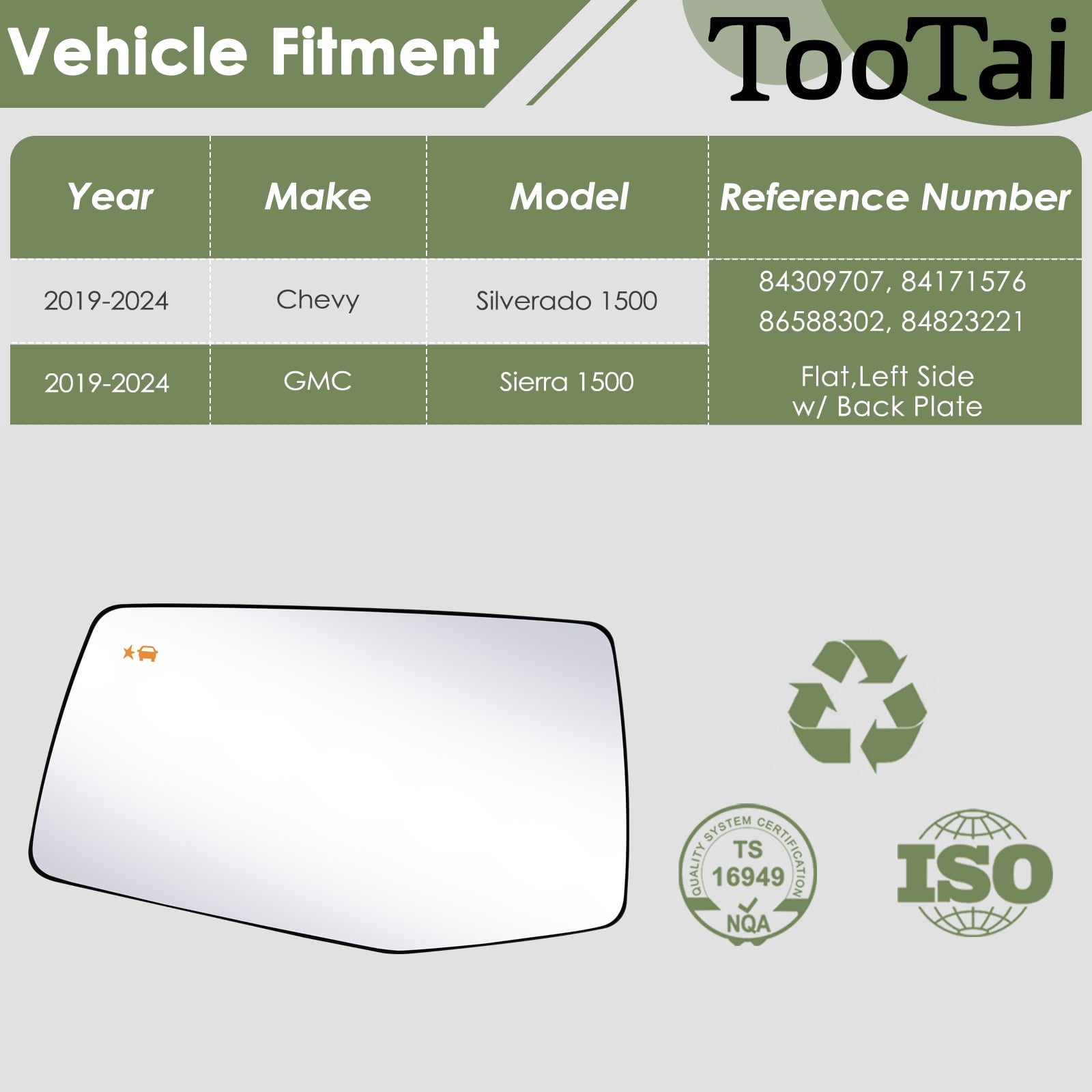 Driver Side Replacement Mirror Glass - compatible with Chevy & GMC vehicles - Silverado 1500 2019-2024, Sierra 1500 2019-2024 - Heated with Blind Spot Detection, w/o auto dimming, LH, 84309707