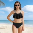 thumbnail image 2 of Bigetiay Girls Swimsuit 2 Piece Bikini Ruffled Bathing Adjustable Straps Striped Hollow High Waist Swimwear Set for 6-14 Years Summer, Size 7-8 Years, 2 of 5