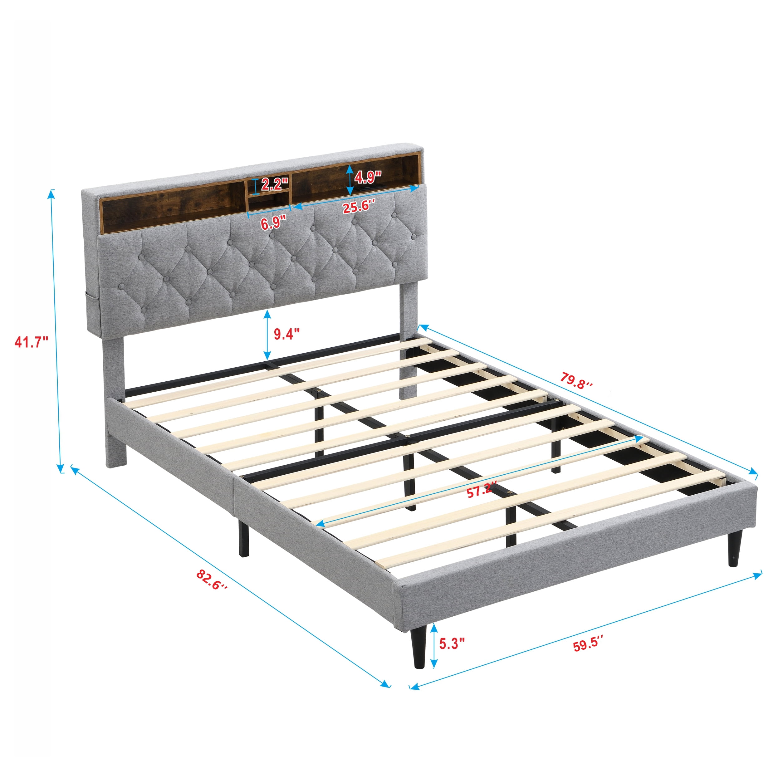 Lisonu Modern Queen-Size Upholstered Platform Bed Frame with Button-Tufted Linen Fabric Headboard and USB Ports in Light Grey