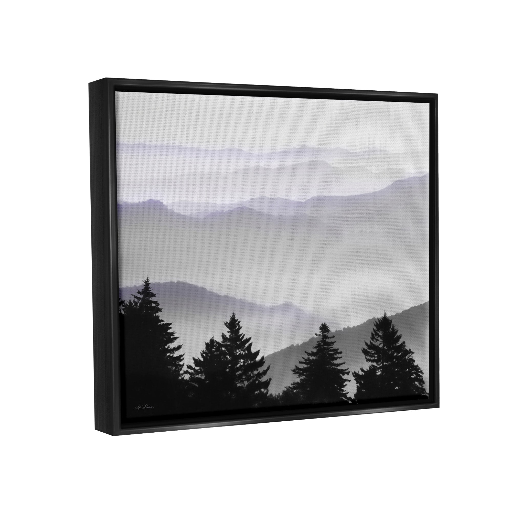 Stupell Industries Pine Trees Silhouettes Foggy Mountain Range Peaks Photograph Jet Black Floating Framed Canvas Print Wall Art, Design by Lori Deiter