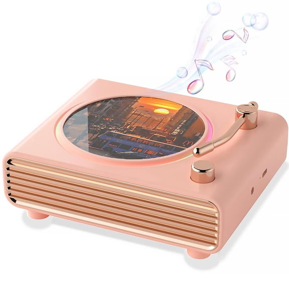 Retro Bluetooth Speaker, Wireless Desktop Music Player with Vintage Turntable Design & Lighting, Portable Record Player Aesthetic, Home Decor Gift for Friends (Pink)