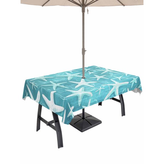 Outdoor Tablecloth with Umbrella Hole for Patio/Picnic/Party/Camping, Ocean Starfish Waterproof Table Cloth Rectangle Table Cover Washable, Watercolor Coastal Sea Starfish Summer Green (60"x 84")