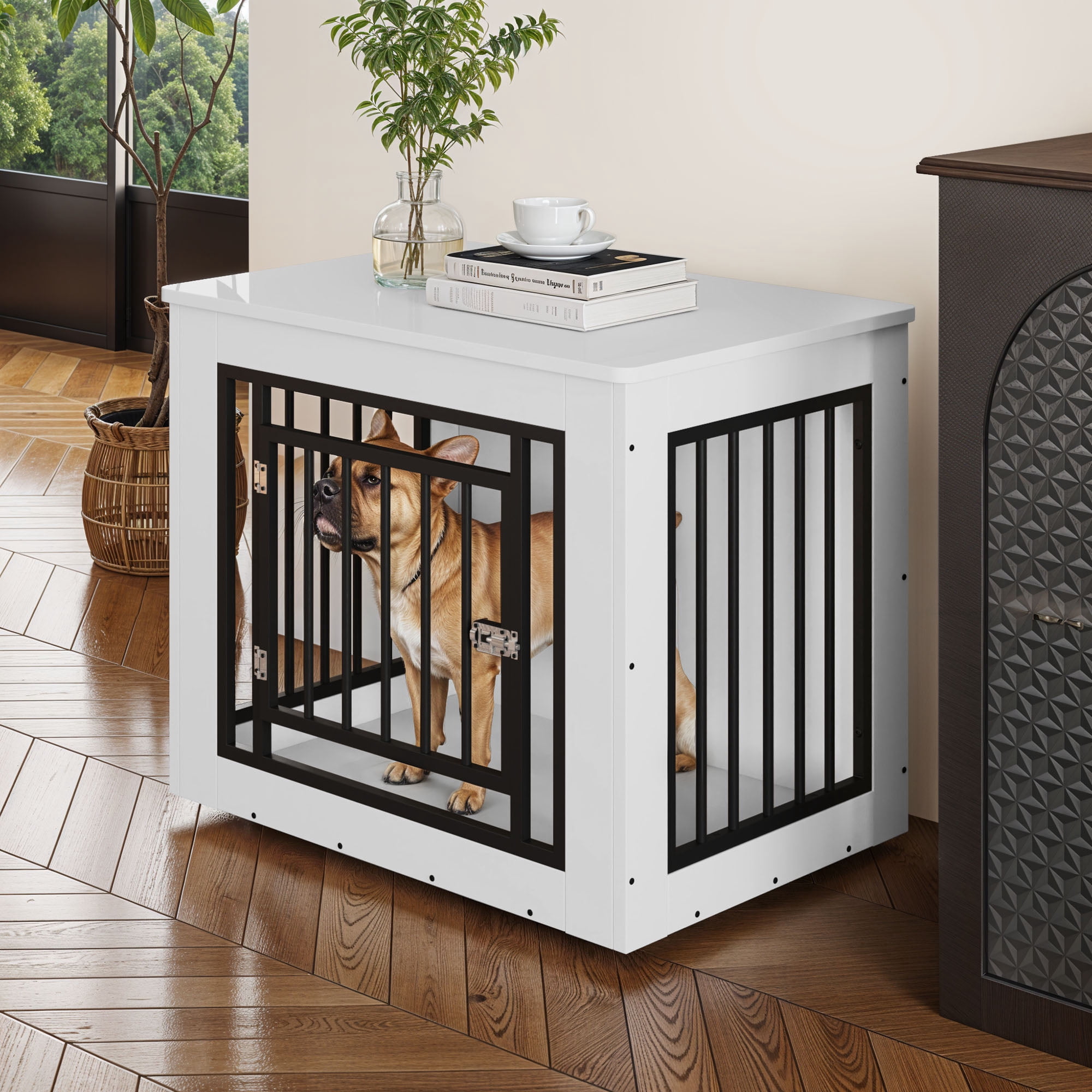 Uforic 30.1" Dog Crate Furniture, 2-in-1 Iron-Wood Indoor Dog Cage with Lockable Door, Safety Corners, and Waterproof Top, White