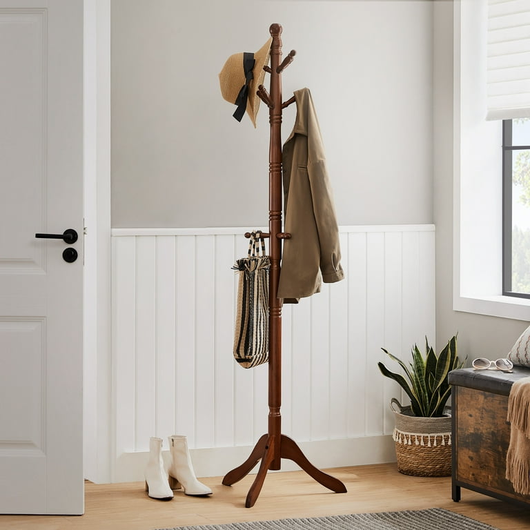 VASAGLE Solid Wood Coat Rack Free Standing Hall Tree with 10 Hooks Rubberwood Dark Walnut