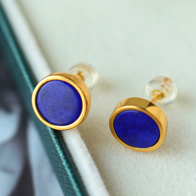 24K Gold Plated Lapis Lazuli Stud Earrings – Round Natural Blue Gemstone, Hypoallergenic Minimalist Geometric Jewelry for Women & Men with RTT Jewelry Box
