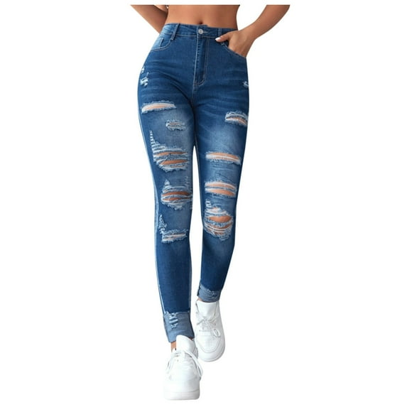 HBFAGFB Skinny Jeans for Women Slim Fit High Waisted Pants with Pockets Straight Trouser Blue Size S