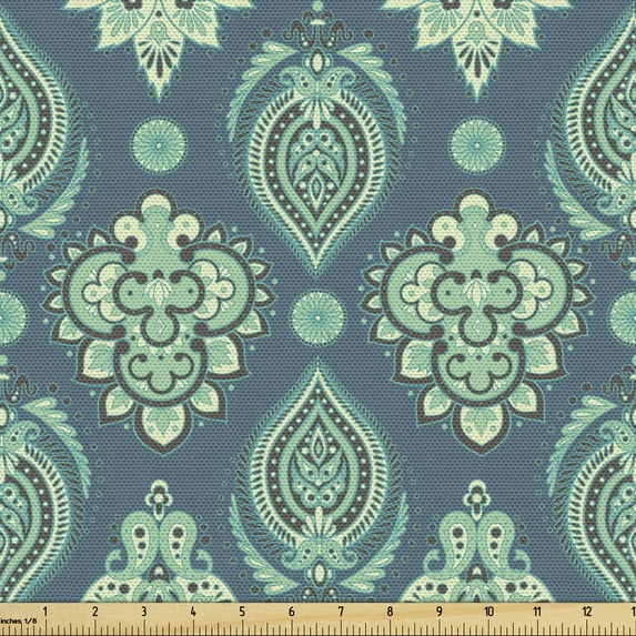 Ethnic Fabric by the Yard, Floral Ornamental Patterns Medieval Repeated Traditional Cultural, Decorative Upholstery Fabric for Sofas and Home Accents, Slate Blue Multicolor by Ambesonne
