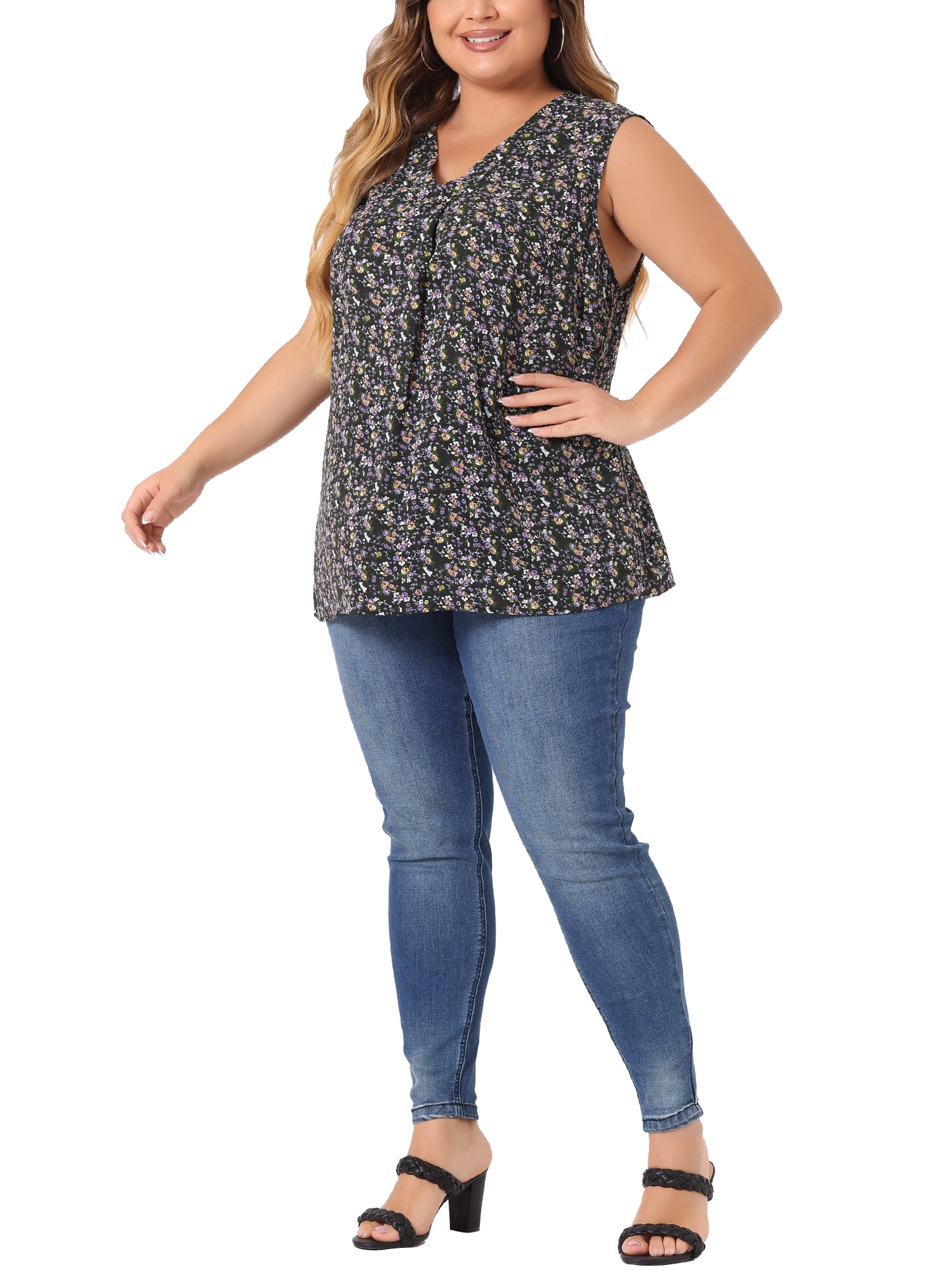 DARING DIVA Women's Stylish Plus Size Floral Sleeveless Tank Tops 4X Black