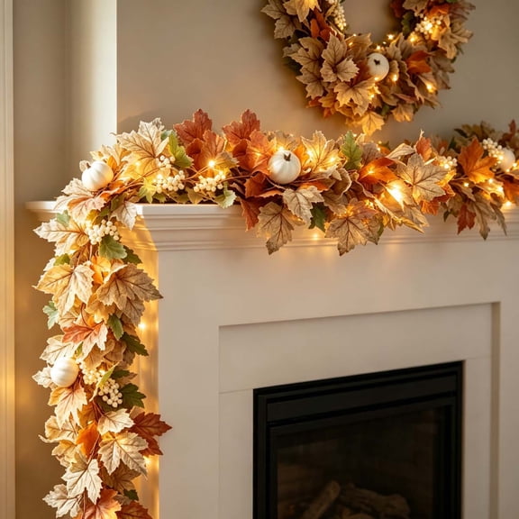 YTTAL 6 FT Pre‑Lit Fall Garland, Artificial Maple Leaf Autumn Garland with LED Lights, White Pumpkins & Berries, Thanksgiving Harvest Mantel Fireplace Home Decor