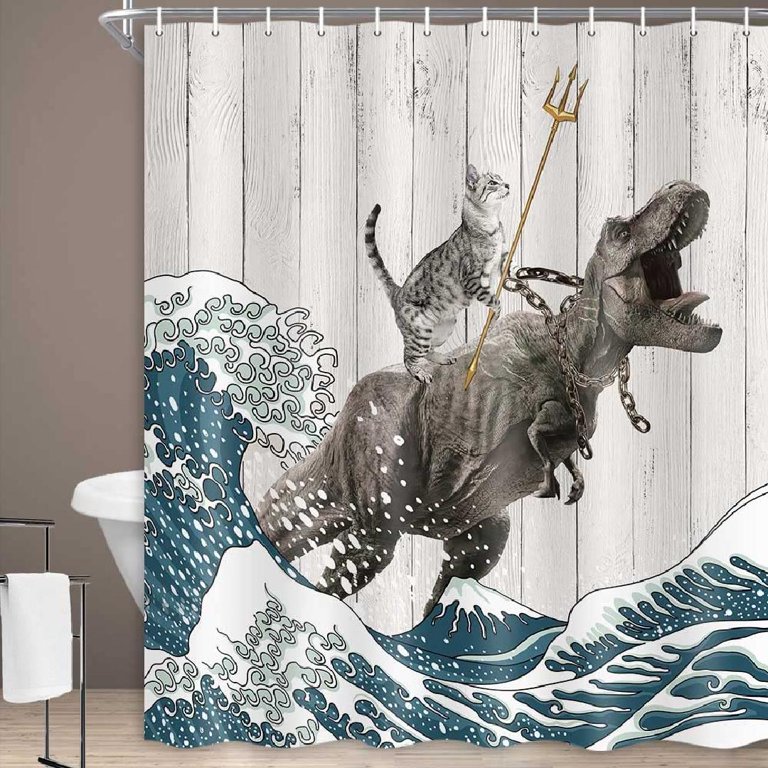 Ocean Wave Beach Black Striped Print Waterproof Shower Curtain with Hooks