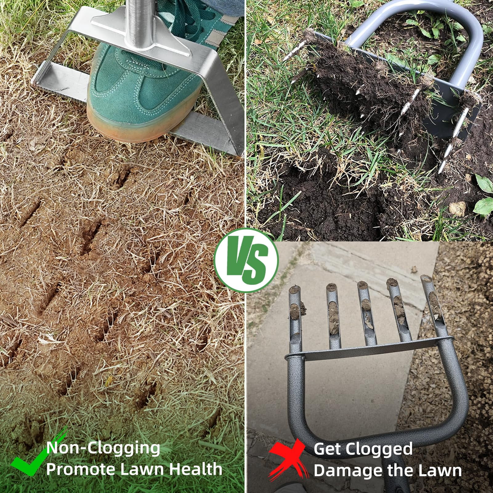Manual Lawn Aerator Spike Tool  Semi-assembled Non-clogging With 4 Steel Spikes Handle & Reinforced Welding For Compacted Soil Loosening Yard Aeration - Green