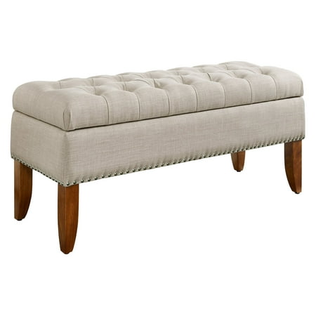 Beige Hinged Top Button Tufted Storage Bed Bench