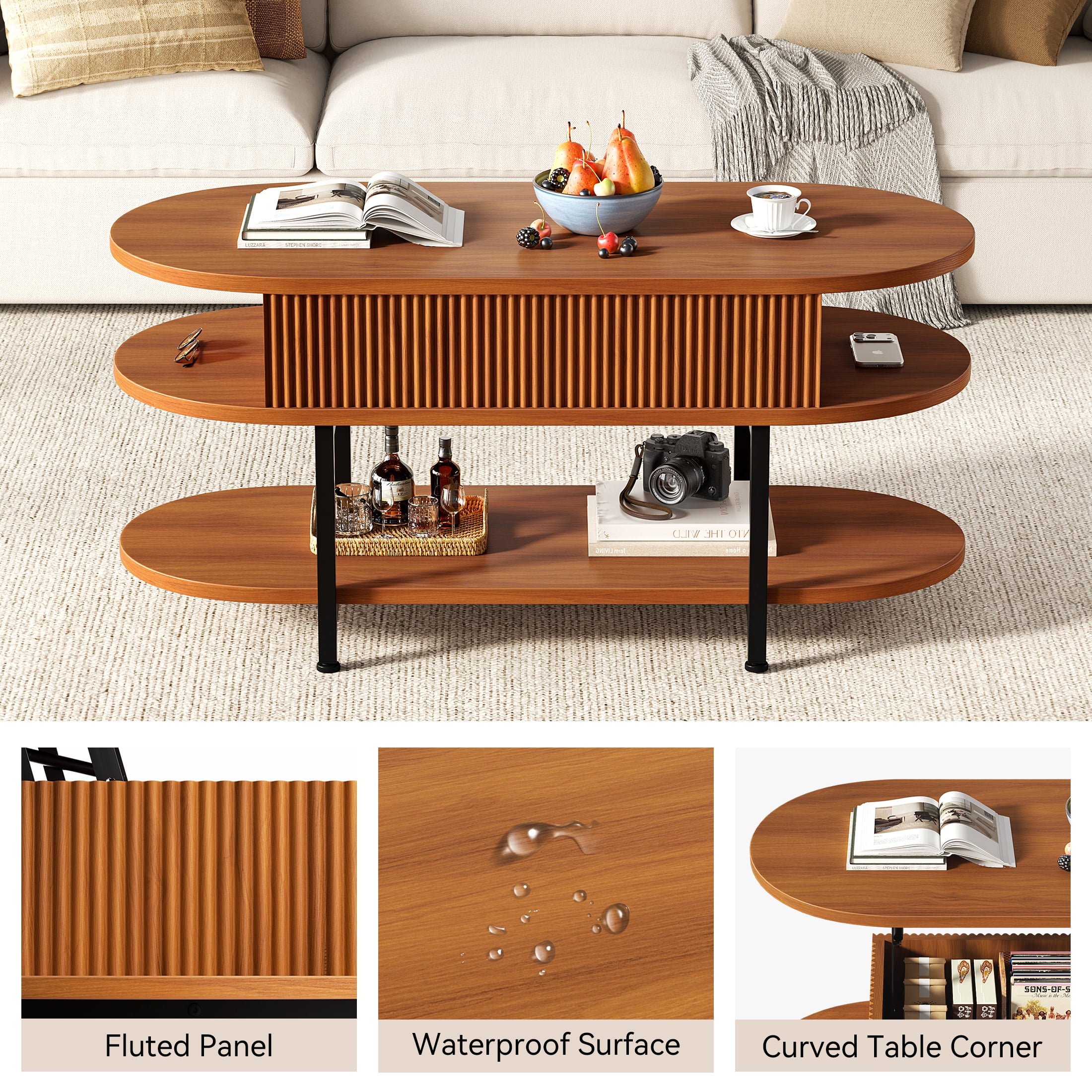 GUNAITO Lift Top Coffee Table with Storage, Modern Farmhouse Center Table with Shelf 3 Tier for Living Room, Walnut