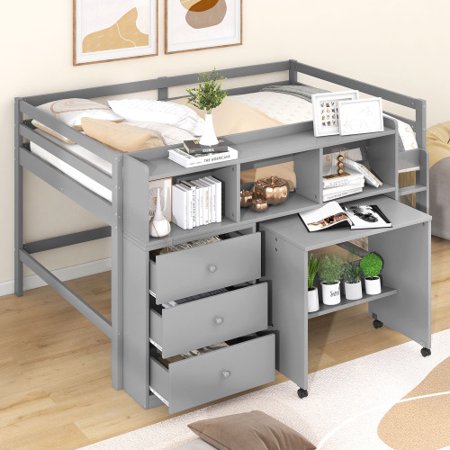 Low Loft Bed  Full Size Loft Bed with Rolling Portable Desk  Wooden Loft Bed with Storage Drawers and Shelves  Multifunctional Bed Frame for Kids Teens Boys Girls  Space Saving Loft Bed  Gray