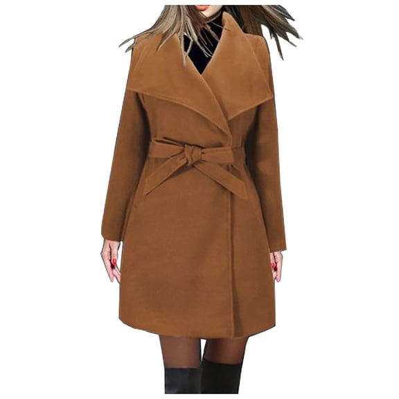 Women's Trench Coat Classic Lapel Overcoat Long Sleeve Winter Warm Mid Length Belted Jacket Coat winter coats for women